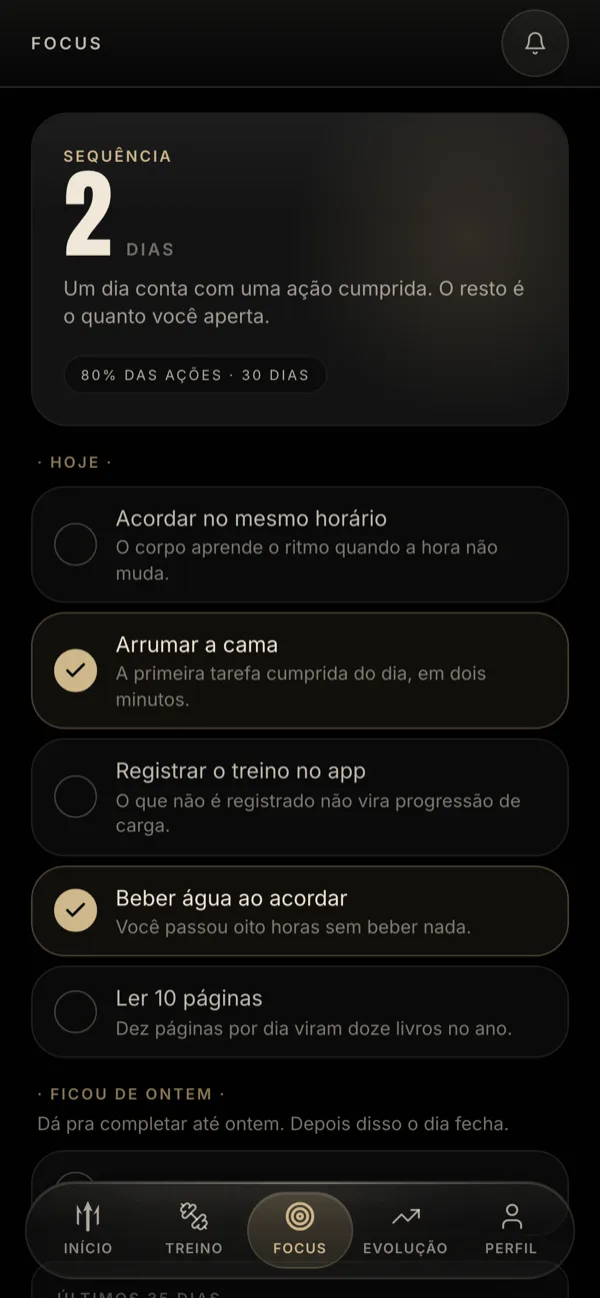 Tela do Aesthetic Focus: sequência de dias, ações do dia com marcação e a aderência do mês.