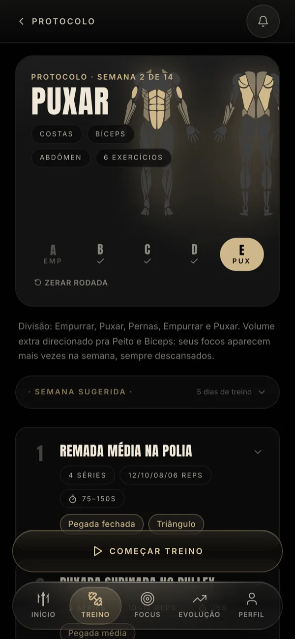 Tela do protocolo no app: semana 2 de 14, treino de puxar, com costas e bíceps marcados no mapa muscular e os dias da semana já concluídos.